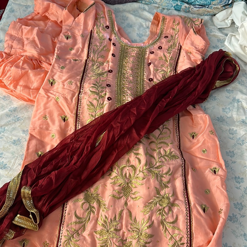 Beautiful pink with maroon and gold embellishment Punjabi suit